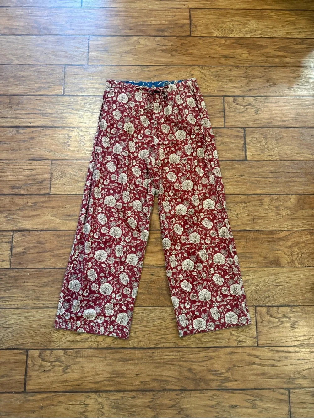 Zara NEW Womens High Waist Wide Leg Trousers Small Red Floral Linen Drawstring